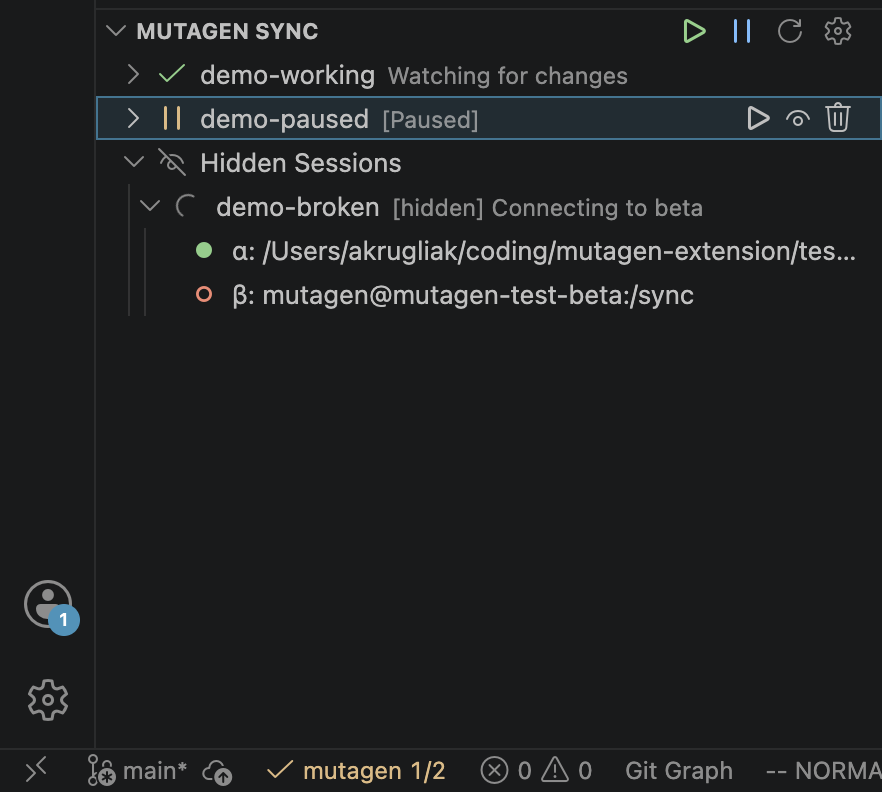 Mutagen Sync panel showing session states
